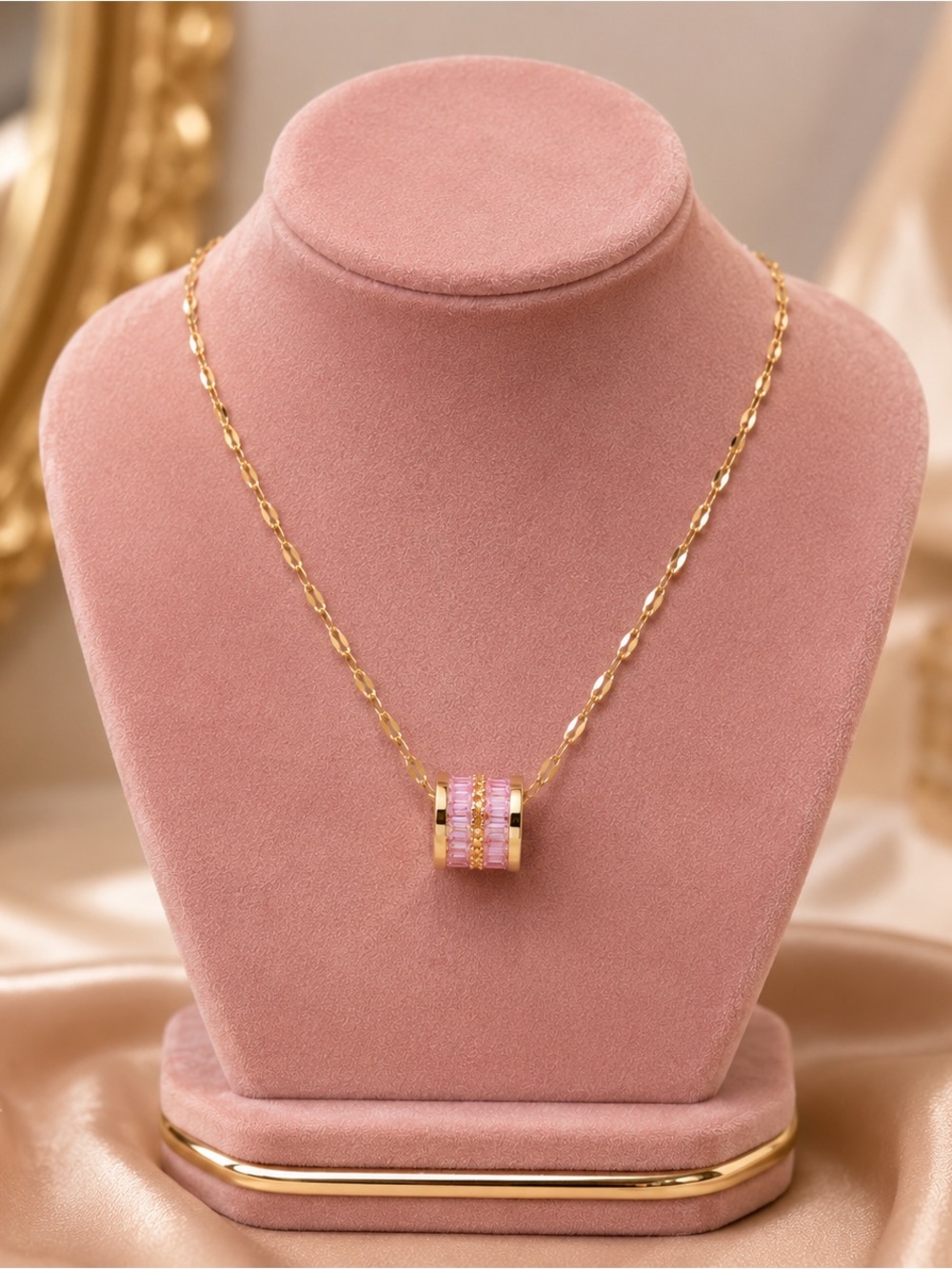 Gold Pink Crystal Elegant Pendant Necklace